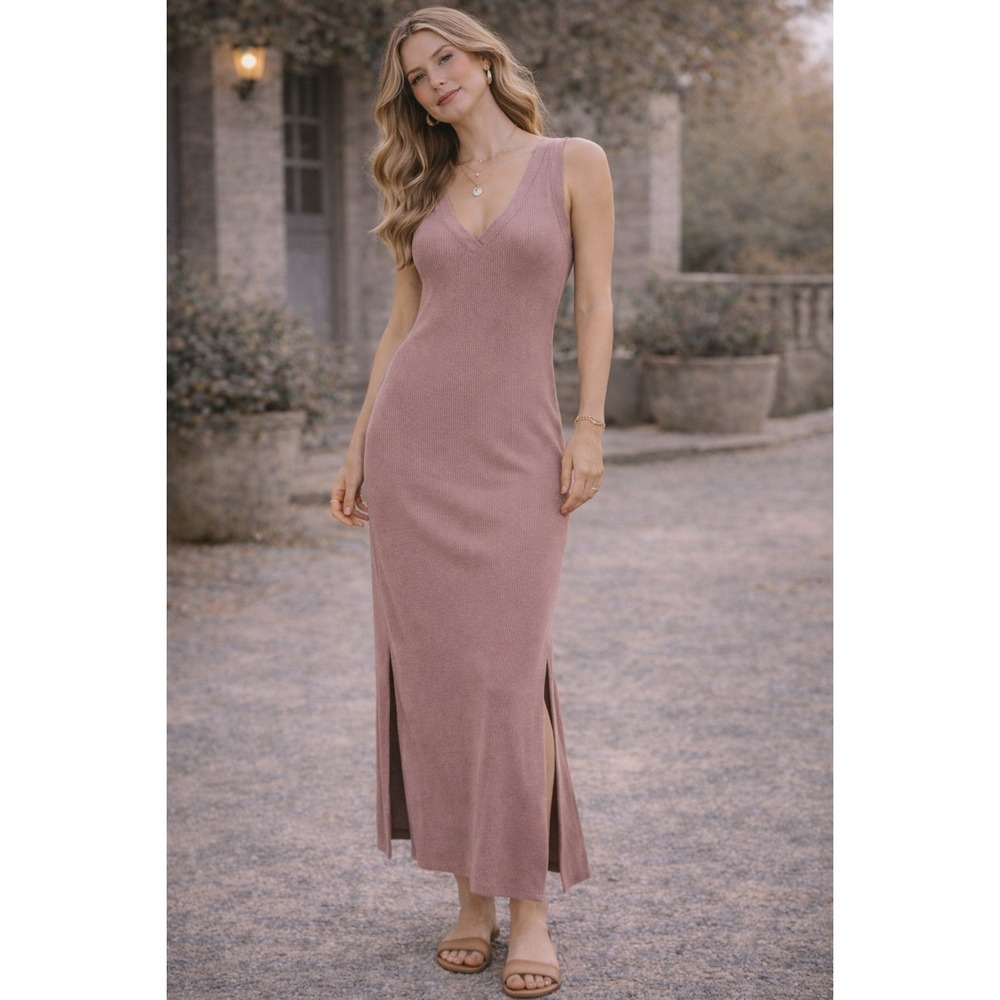 Anthro Daily Practice Sweater Dress S Mauve Pink‎ Ribbed V Neck Cozy Chic Lounge